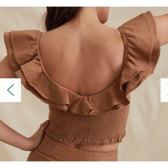 Anthropologie Maeve Ruffled Smocked Top Petite Ruched Stretch Ruffle Cropped 00P - Picture 3 of 9